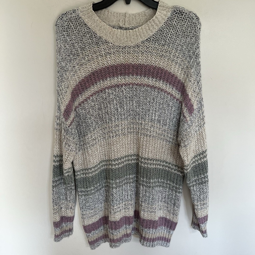 American Eagle Striped Open Knit Crewneck Sweater Purple Green Cream Small